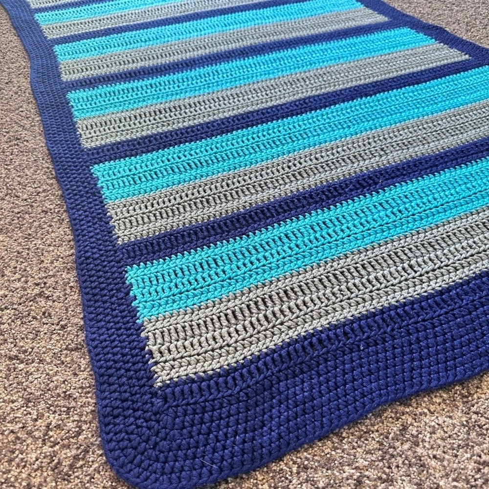 Handmade Crochet Striped Afghan Throw‎ Blanket Navy Blue Turquoise Grey 55x35